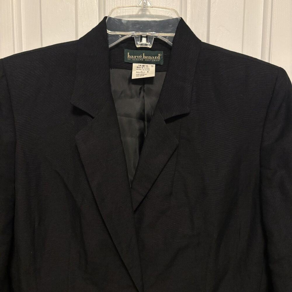 VTG 90s Harve Benard Long Blazer Womens 6 Black Linen Blend Coat Minimalist Prep - Picture 5 of 11